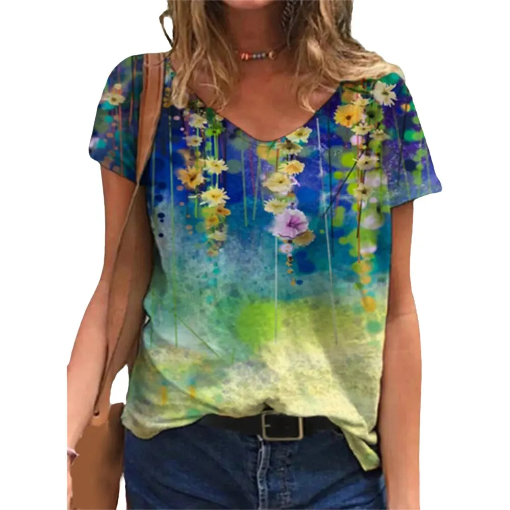 Tie Dye 3D Floral Print Women T Shirts Casual Short Sleeve Loose Plus Size Tops Fashion Street Ladies V-Neck Summer Tee 2021 New
