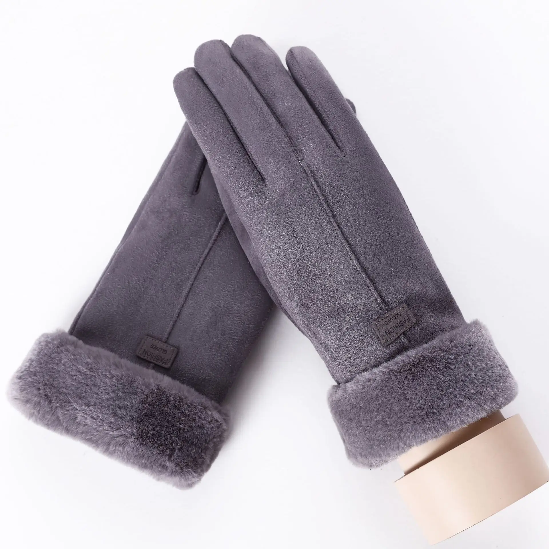 081C-T-Gray Sparsil женские замшевые перчатки с сенсорным экраном, зимние двухслойные меховые варежки, теплые модные перчатки с вышивкой в виде снежинки для улицы - Цвет: 081C-T-Gray