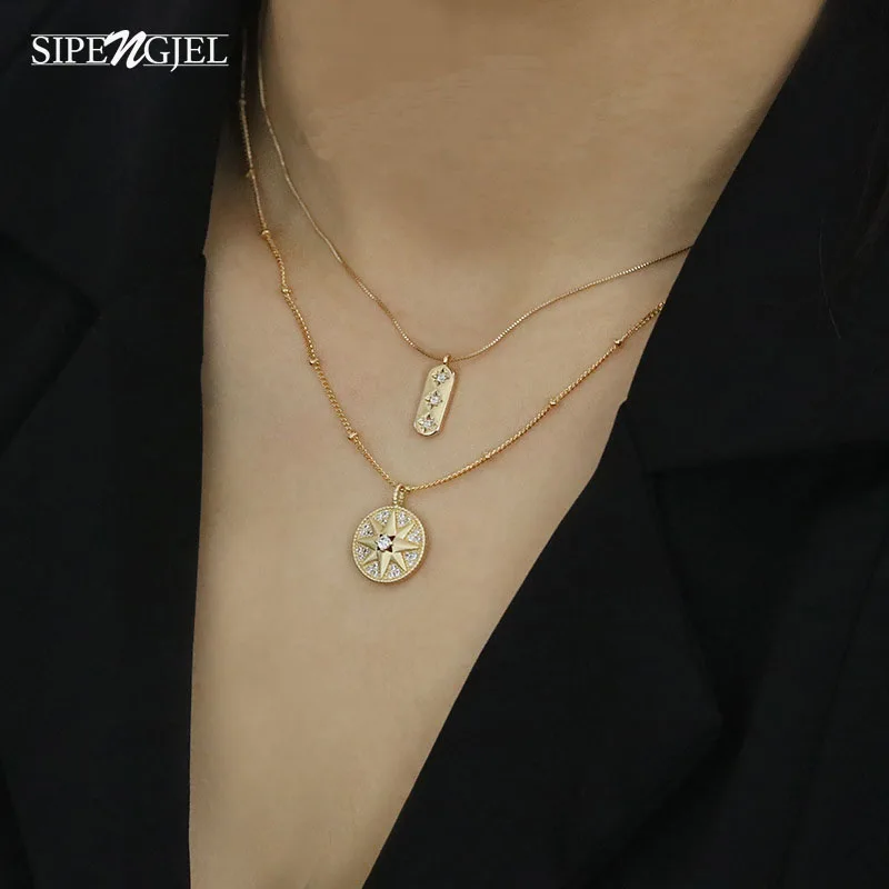 Трендовое циркониевое ожерелье с круглой подвеской в виде Золотой Звезды модное