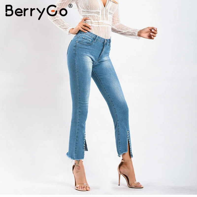 Светло-голубой BerryGo, пуш-ап, женские джинсы размера плюс, средняя талия, с вышивкой, расклешенные, джинсовые штаны, пуговицы, карманы, раздельные, для офиса, женские брюки - Цвет: Светло-голубой