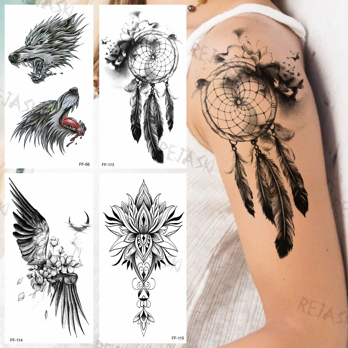 

Черные Ловец снов, перо, временные татуировки для женщин, девушек, волк, крылья, хна, искусственная татуировка, наклейка, сексуальные руки, те...