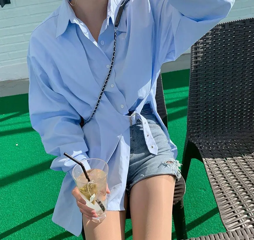 

2021 Spring Korea style Oversize Women Tunic Shirt Turn-Down Collar Full Sleeve Solid Long Ladies Shirts Chic Button Female Tops
