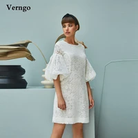 verngo modest ivory full lace short wedding dress 2021 puff sleeves jewel neck above knee boho bridal party dresses plus size