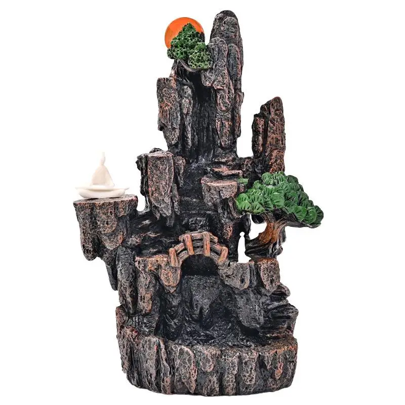 

Handmade Resin Craft Rockery Waterfall Landscape Backflow Incense Burner Zen Monk Meditation Buddha Incense Diffuser 20 Cones