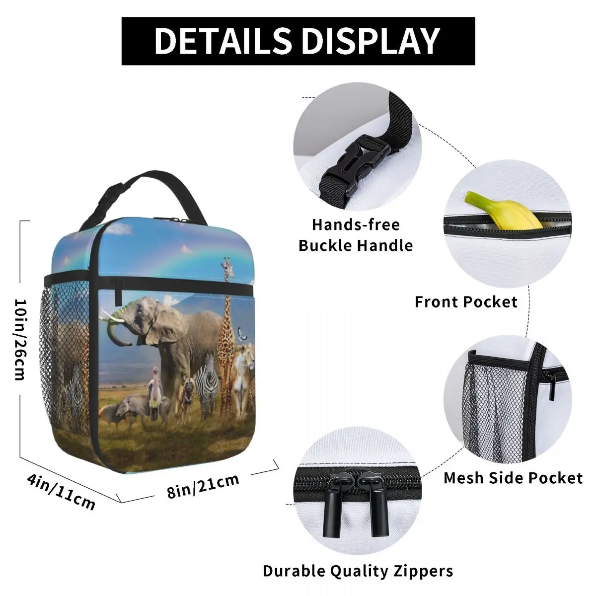 

African Wildlife Animals Lunch Bag for Women Men Large Insulated Lunch Box with Water Bottle Holder and Pockets