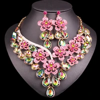 elegant flowers bridal jewelry sets wedding costume necklace and earrings sets shining crystal gold color jewellery for brides