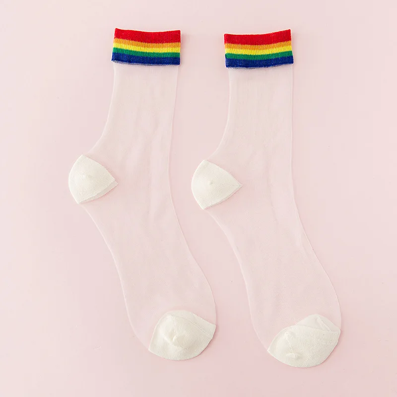 Rainbow Летние милые носки в радужную полоску для девочек Прозрачные шелковые носки с кристаллами Детские ультратонкие эластичные носки для девочек - Цвет: Rainbow