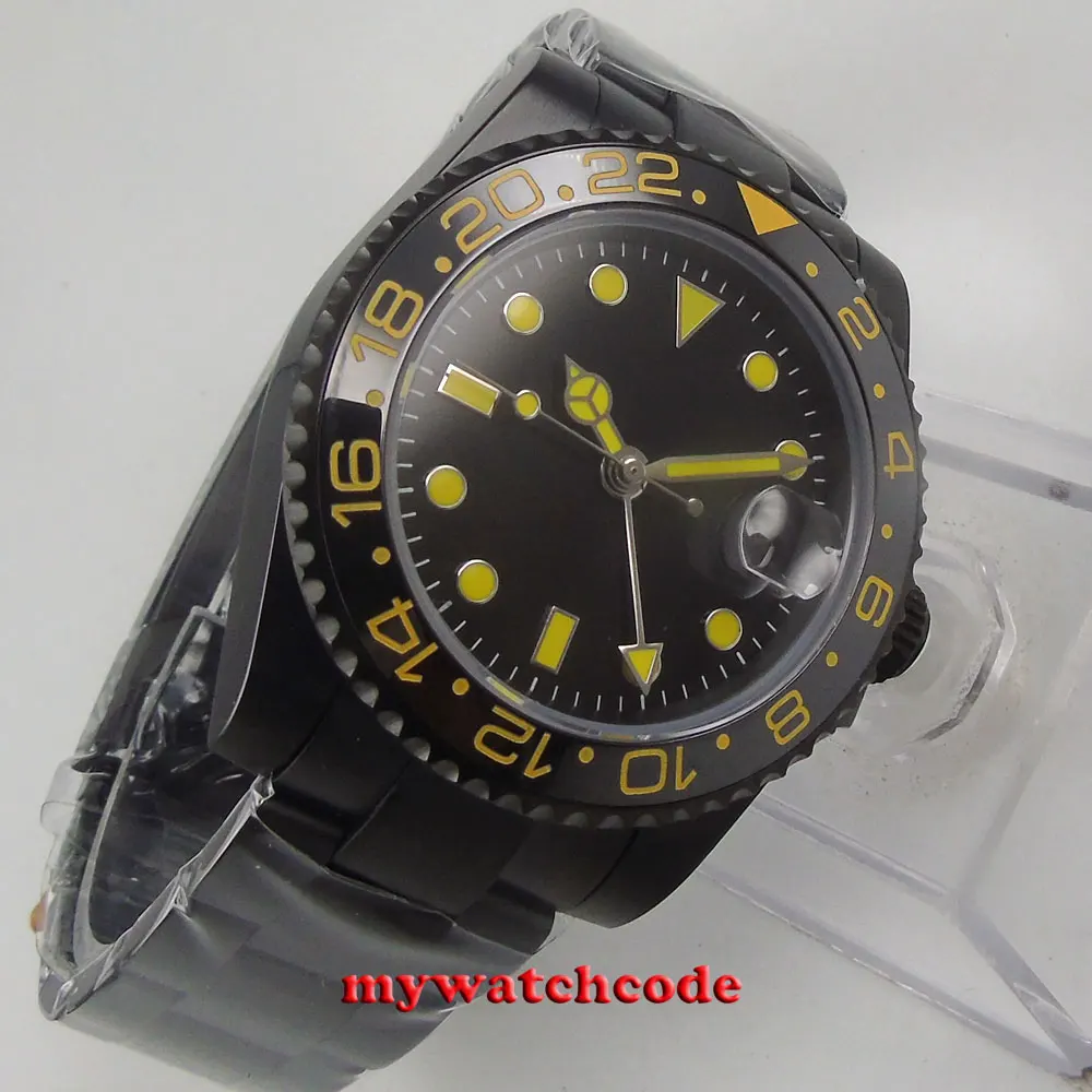 40 мм Bliger черный циферблат PVD GMT керамический сапфировый Кристалл Автоматические SS