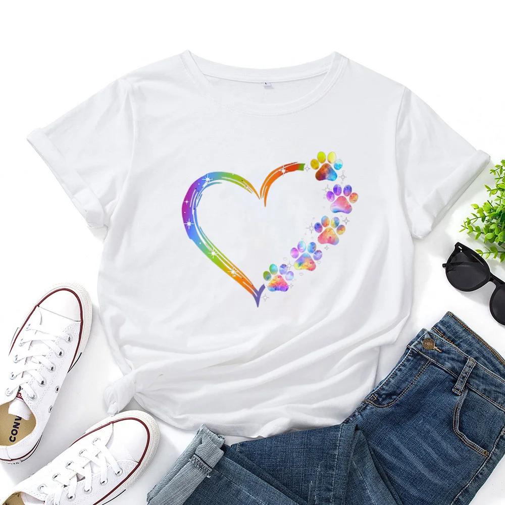

Color Heart-Shaped Footprint Pattern Women T-Shirt Pattern Cotton Tshirt Woman Round Neck Casual Tee Shirt Women