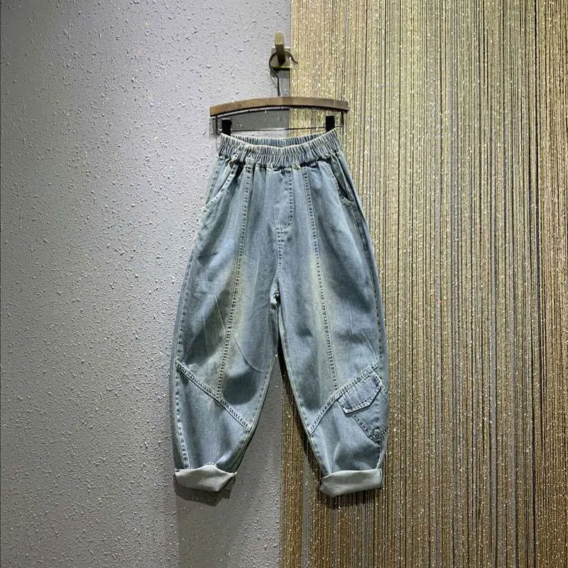 

2021 Spring Autumn New Fashion Women Elastic Waist vintage Blue Loose Jeans All-matched Casual Cotton Denim Harem Pants V692