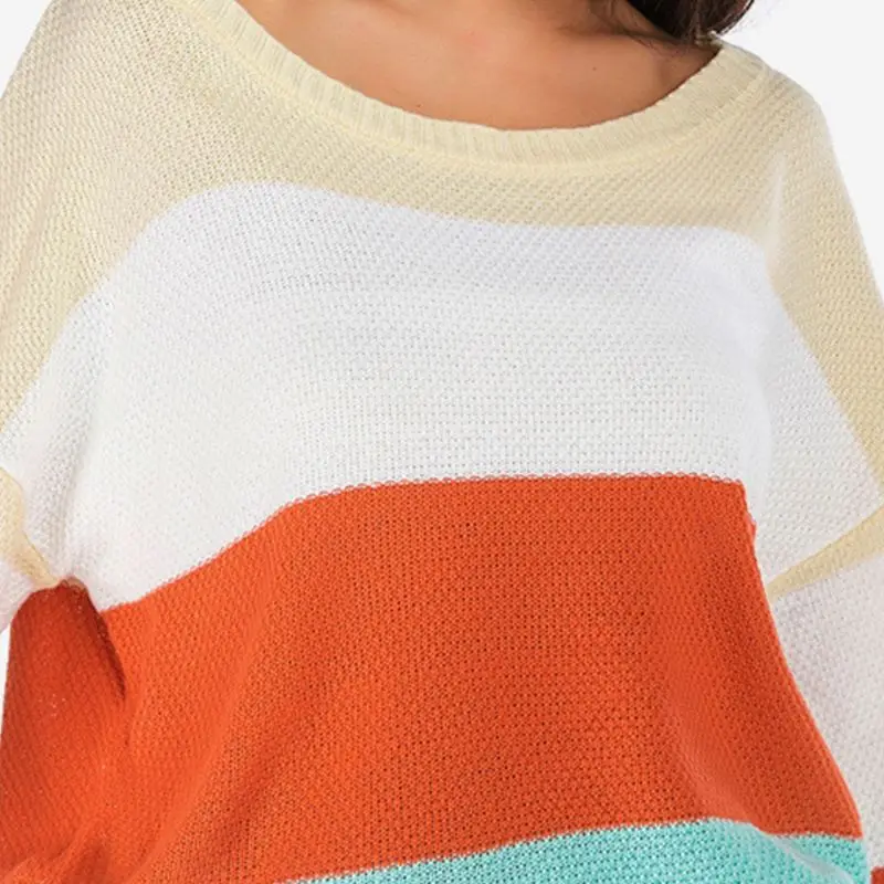 

Women Autumn Long Sleeve Sweater Color Block Patchwork Striped Pullover Tops Crew Neck Waffle Knitted Loose Jumper Shirt