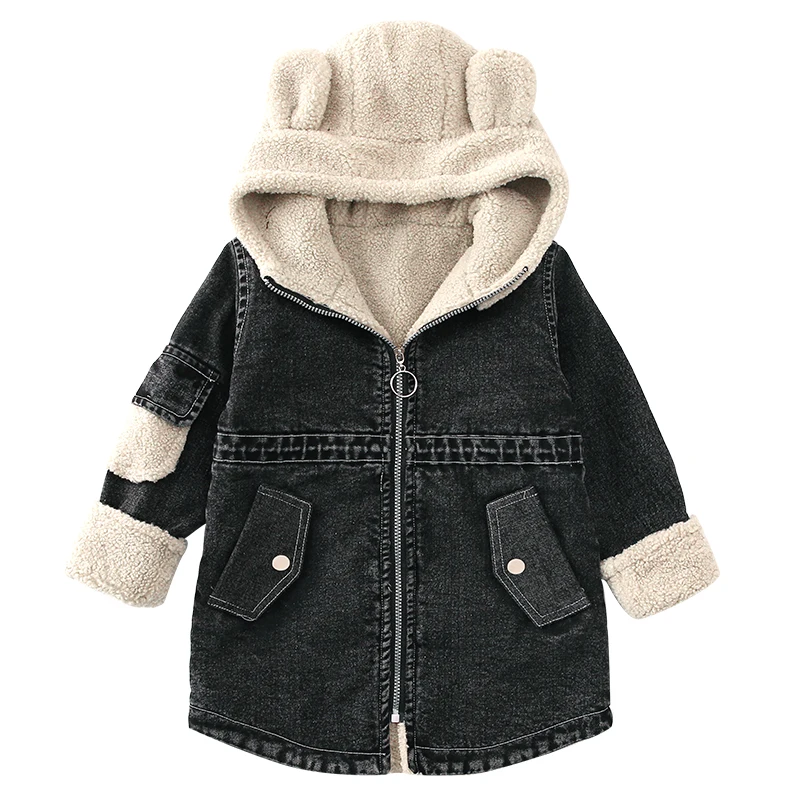 

Boys Winter Coat Bear Ears Hooded Denim Jacket Padded 4-13 Years Old Pure Color Quilted Suture Plush Lining Kids Winter Jacket