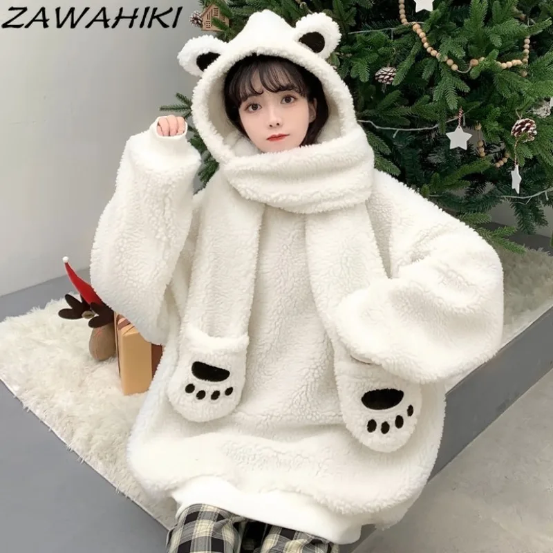 

ZAWAHIKI Bear Cartoon Print Kawaii Japan Sweater Pullover Long Sleeve Sweet Fashion Hooded Women Autumn and Winter White Tops