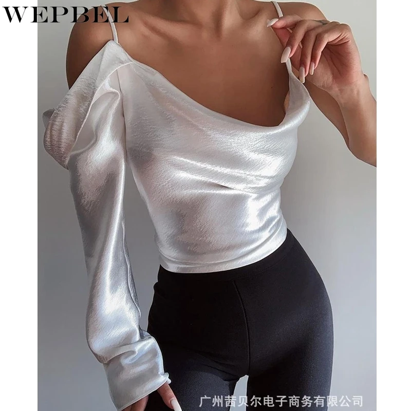 

WEPBEL Sexy Solid Color T-shirt Women's Spaghetti Strap Shoulder T-shirt Autumn Backless O-Neck Long Sleeved Slim Fit T-shirt