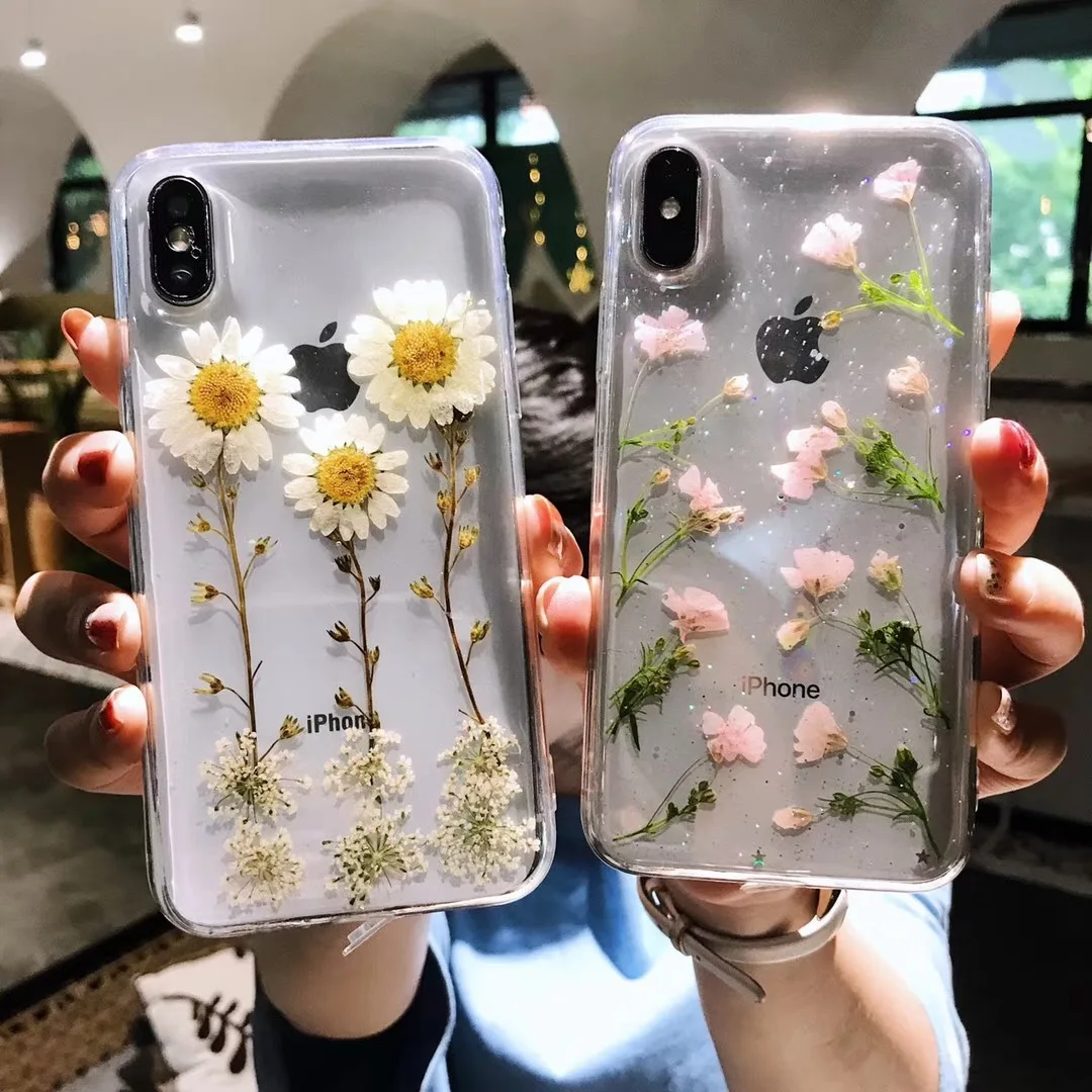 Прозрачный чехол с настоящими высушенными цветами для телефона IPhone 8 7 Plus 12 11 Pro Max