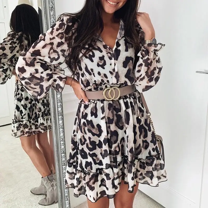 Модное женское платье миди с леопардовым принтом и v образным вырезом на шнуровке