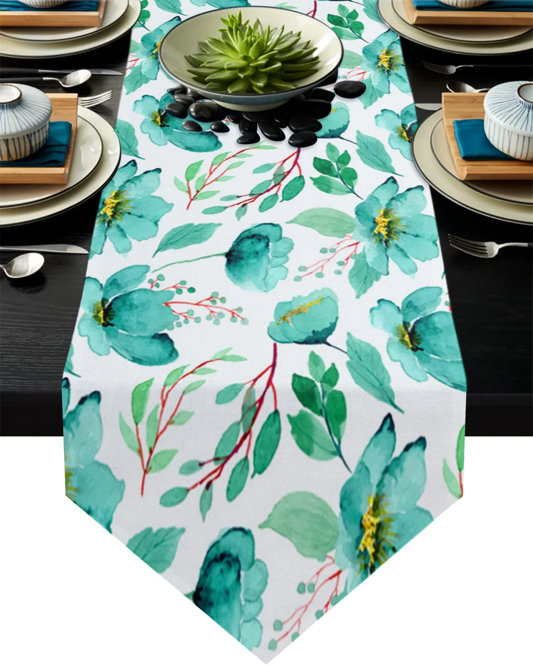 

Summer Watercolor Flowers Green Leaves Modern Table Runner Home Decor Wedding Party Decoration For Hotel Banquet Tea Table Cloth