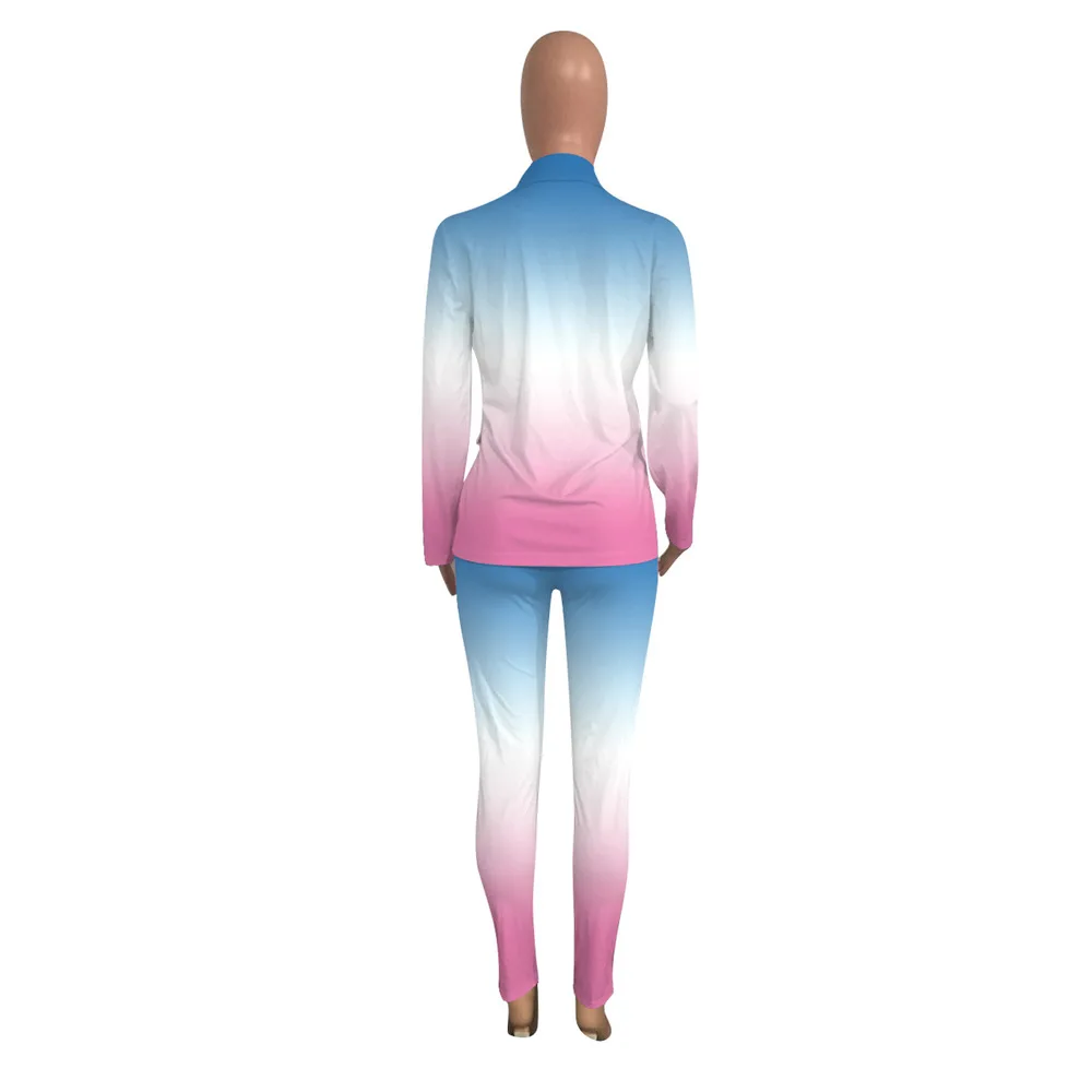 

Gradient Color Print Blazer Tracksuit Women Two Piece Set Long Sleeve Notched Coat+pencil Legging Work Business Matching Suits