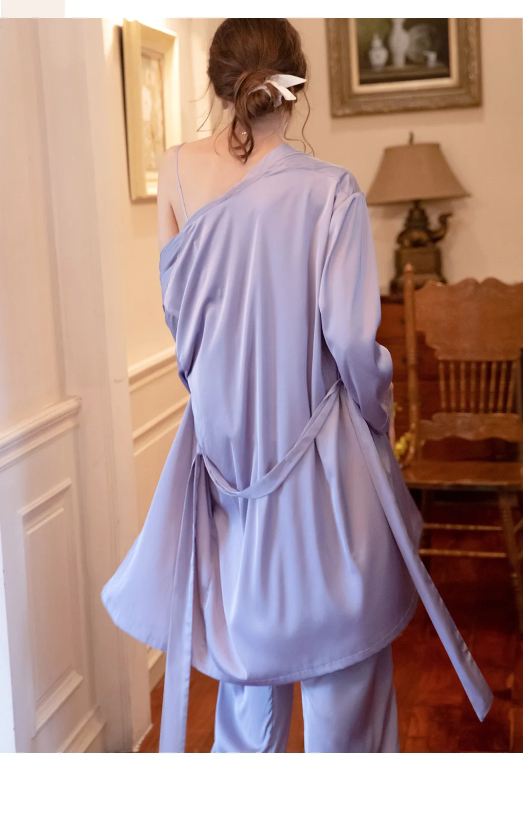 

Autumn Ice Silk V-neck Pijamas Women Sexy Sling Long-sleeved Silk Morning Robe Pajamas Purple 3-piece Robe Sets Satin Sleepwear