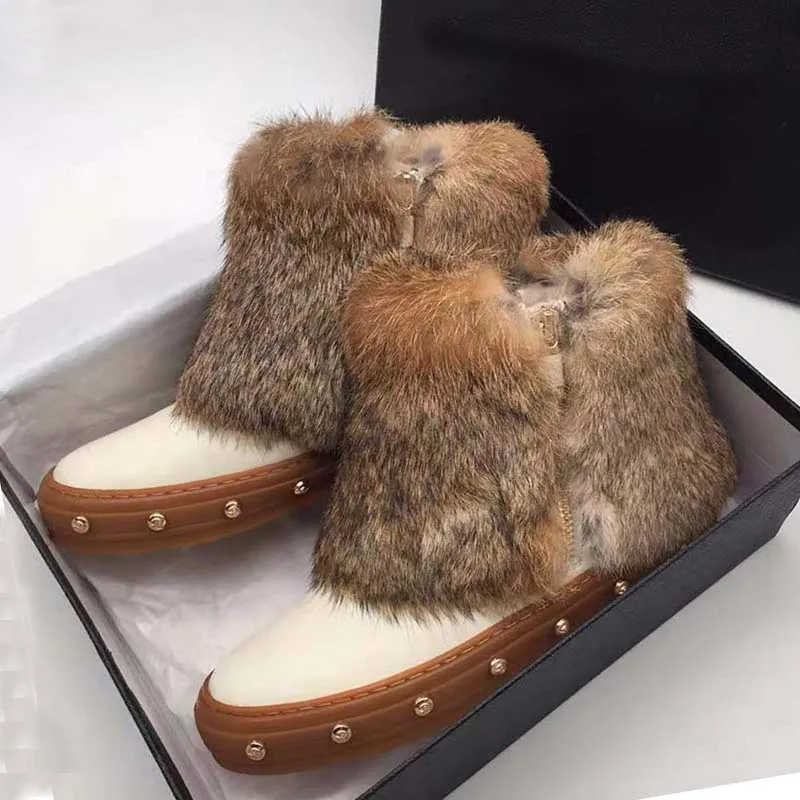 Wool Fur Snow Boots Women Round Toe Rivet Luxury Design Flat Shoes Woman Fashion Warm Ankle Boots Winter