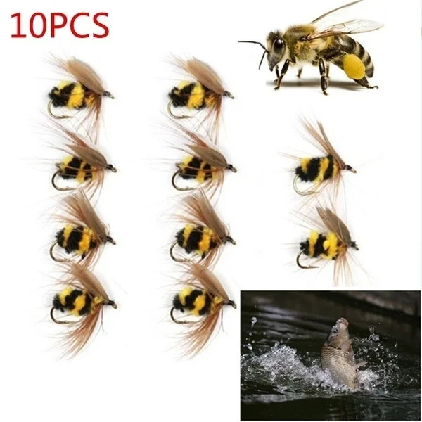 10pcs Simulation Bee Hook Fly Bait Meal Baitiao Makouluya Bait  Water Floating Fly Hook