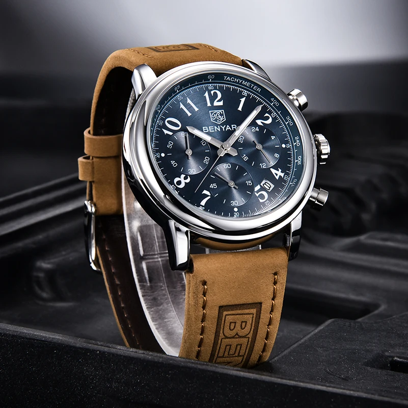 

New BENYAR Business Military Men's Sports Multifunctional Quartz Chronograph Leather Strap Stainless Steel Case 30M Waterproof