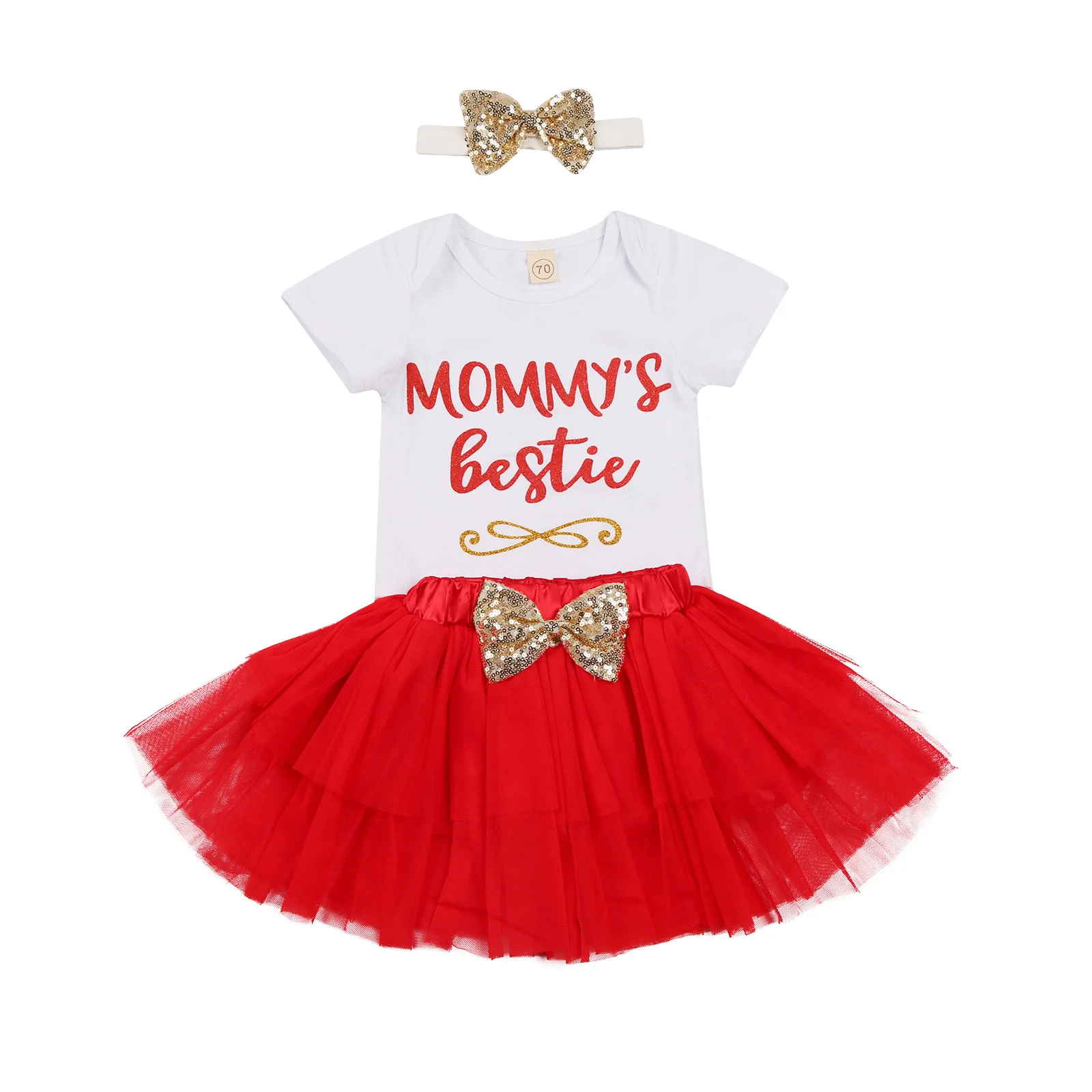 

Летний костюм для маленьких девочек 0-24 мес., комплект из 3 предметов, боди с коротким рукавом и надписью "BESTIE" + красная сетчатая юбка + повязка...