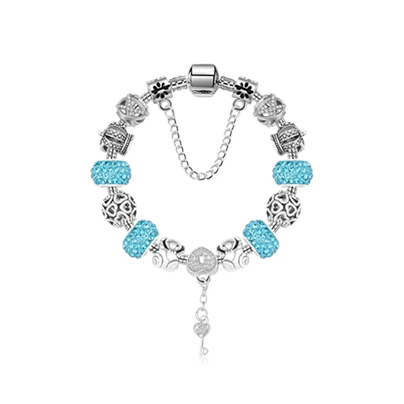 

Original Pan 925 Silver Blue Love Lock Pendant Bracelet Crystal Charm Beads Safty Chain Bracelets for Women Jewelry Gift