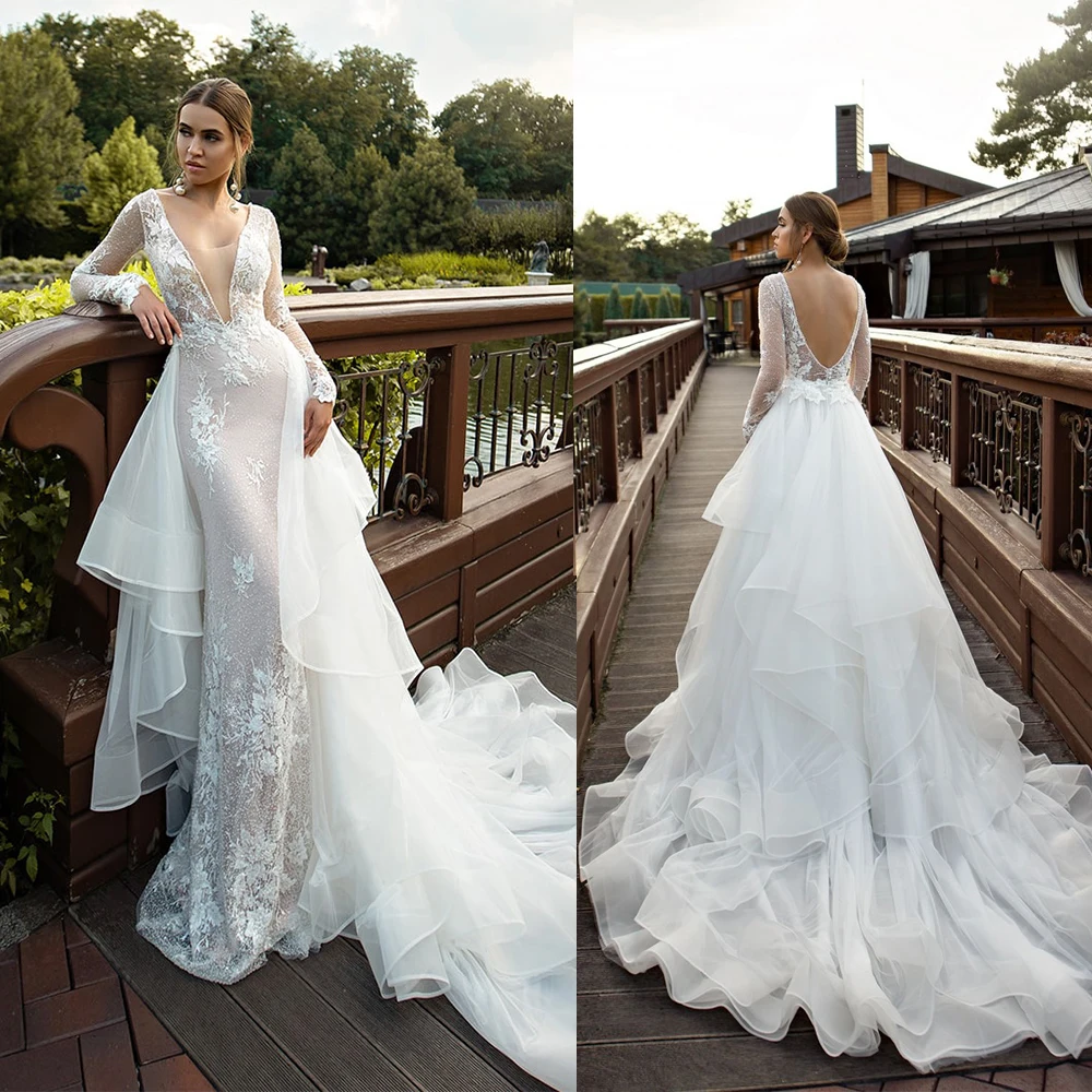 

Mermaid Wedding Dresses With Detachable Train V Neck Lace Applique Country Wedding Dress Bridal Gown Long Sleeve Robes De Mariée