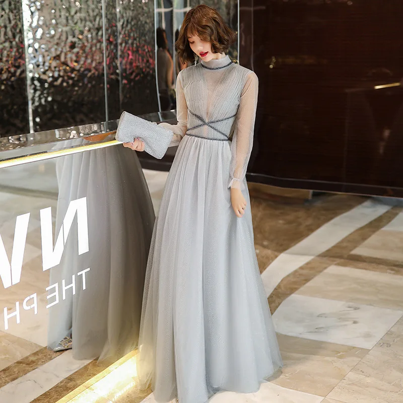 

Banquet Evening Dress Female 2022 New Long Prom Dresses High Neck Long Sleeves Gray Vestido De Fiesta Elegant Party Gowns