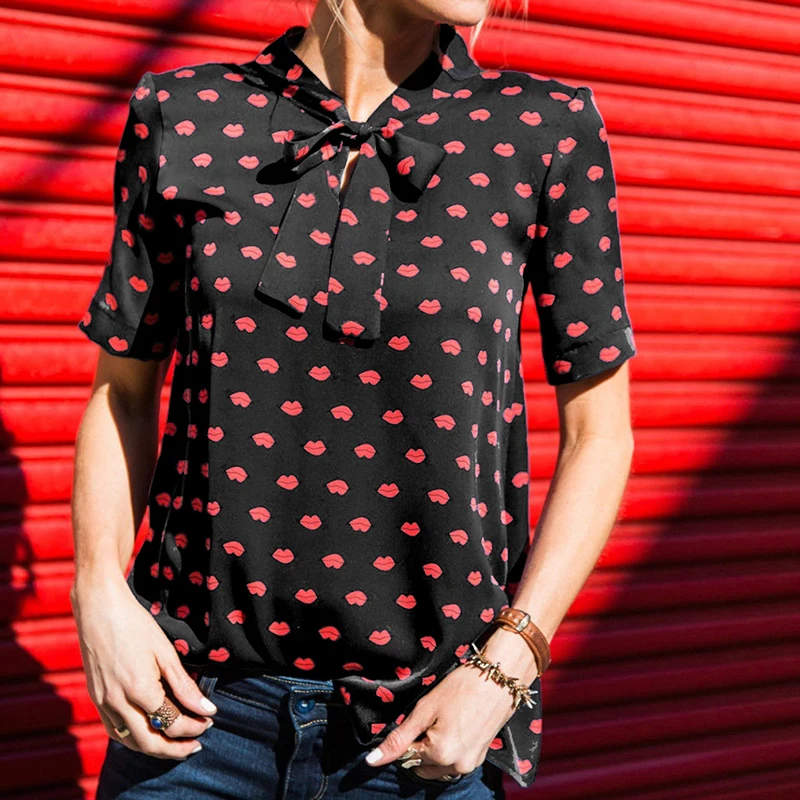 Для женщин Повседневное на шнуровке с бантом короткий рукав блузки летние топы