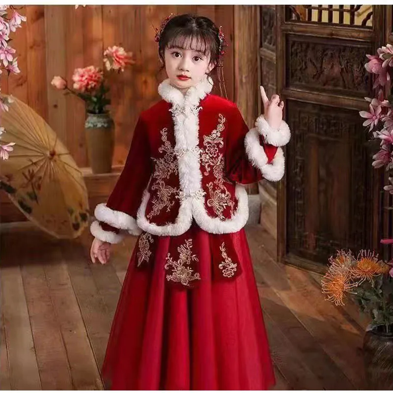 

Girls' Hanfu winter clothes Plush thickened ancient town Chinese children's clothes Tang princess skirt new year dress