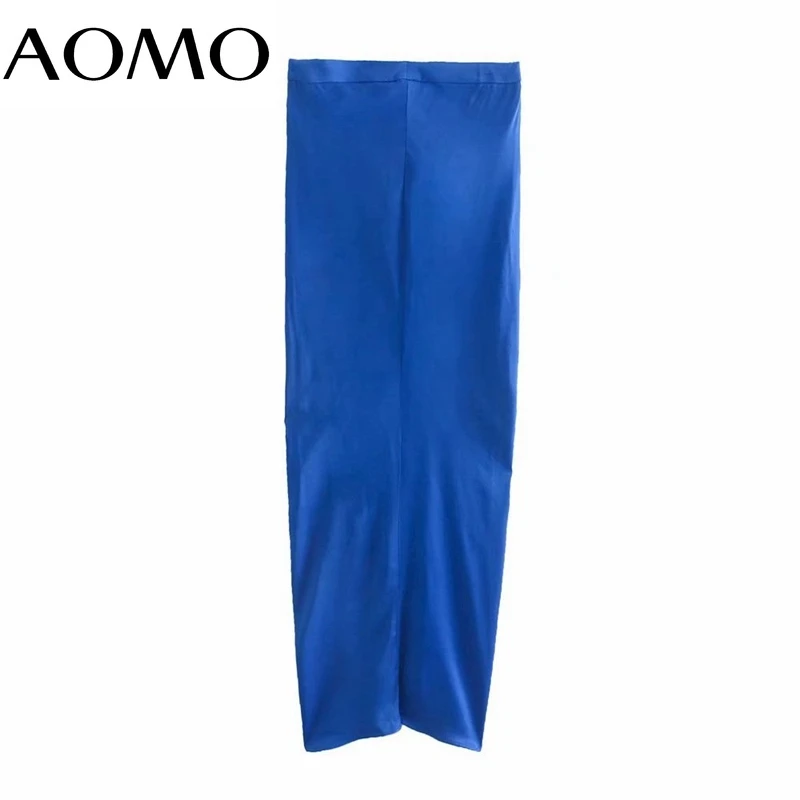 

AOMO Women Blue Pencil Skirt Faldas Mujer Vintage Side Button Office Ladies Elegant Chic Skirts 3H800A