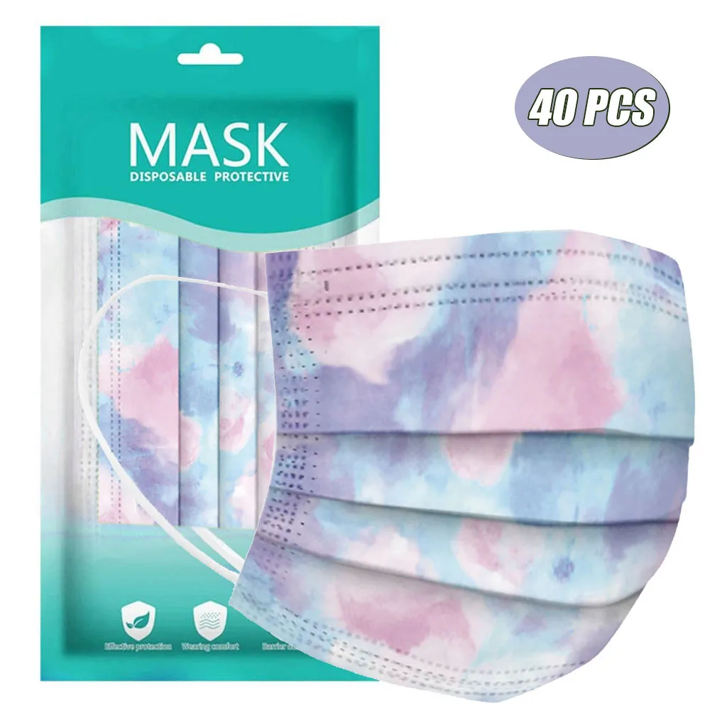 

10-100PCS Disposable Non-woven Face Mask Fashion Adult Tie dye Printed purple 3 Layer Mask Mouth Mask With Design Cubrebocas