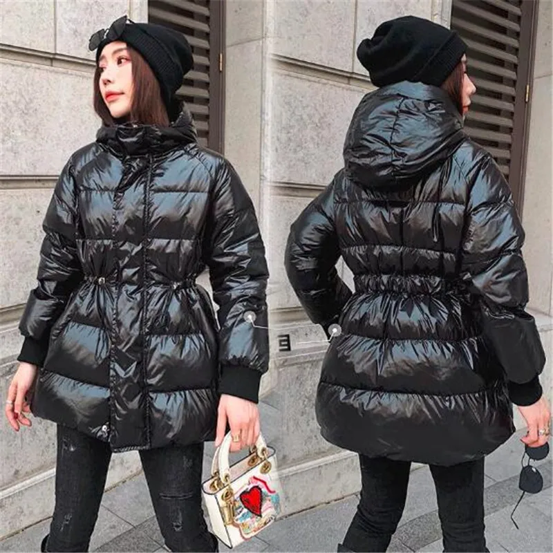 Новые женские парки глянцевая ткань шнурок с капюшоном пуховик пальто | Женская