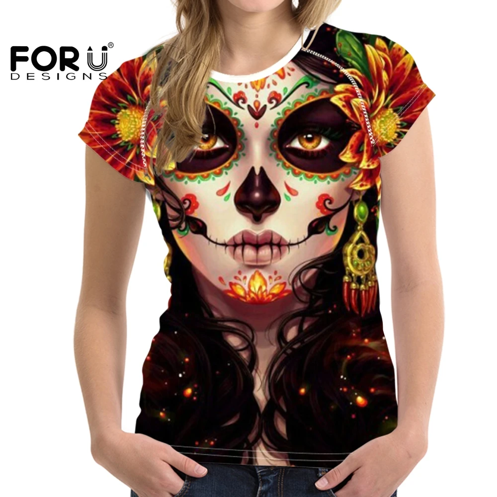 

FORUDESIGNS Gothic Girl Printing Tshirts For Women Slim Short Sleeve Breathable Fabric Butterfly Floral Pattern Ladies Tops Tee