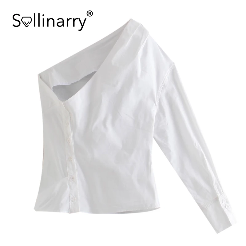 

Sollinarry Sexy sheath slant collar women's blouse white Asymmetric summer ladies blouse shirt Fashion club solid short top