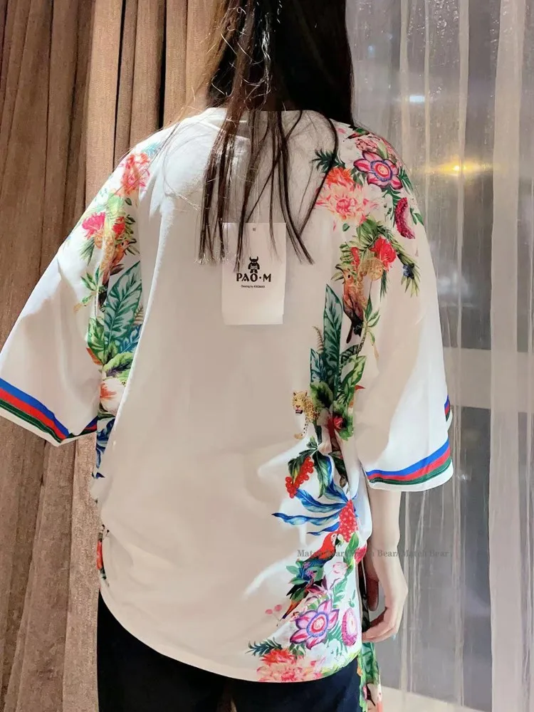 Vefadisa Black White Floral Print Women T shirt 2022 Summer Beading Decoration T-shirt Letter Short Sleeve QYF5170 | Женская одежда