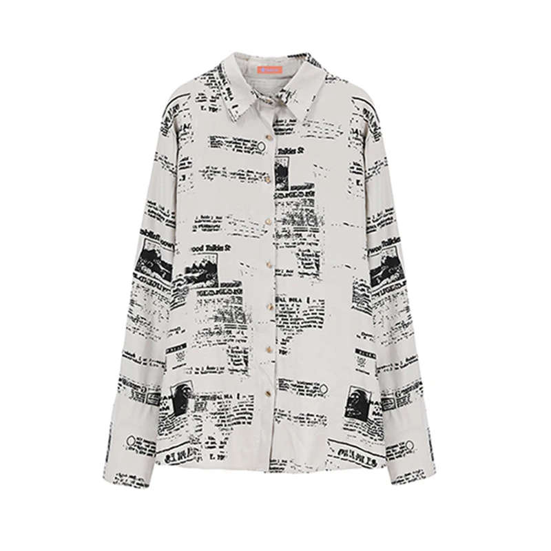 

PERHAPS U Women Spring Shirt Long Sleeve Turn Down Collar Single-breasted Vintage Newspaper Print Blouse Shirt B0703
