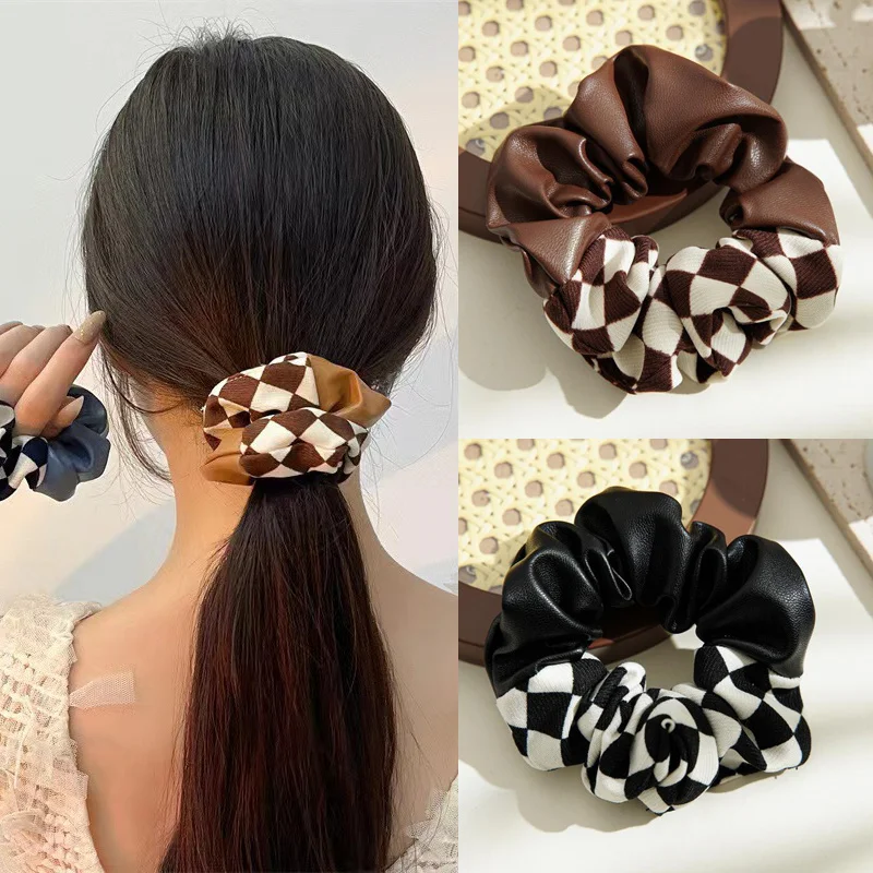 

2021 Korean Plaid Hair Circle For Women Leather Ponytail Hair Rope Large Intestine Circle Elastic Hair Band Hair Accessories New