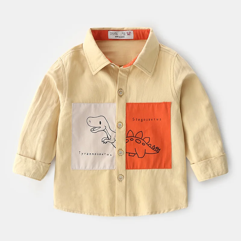 

Boys Shirts spring autumn Shirt full Sleeve Children Tops Child Cartoon dinosaur patch kids Clothes Toddler baby boy blouse