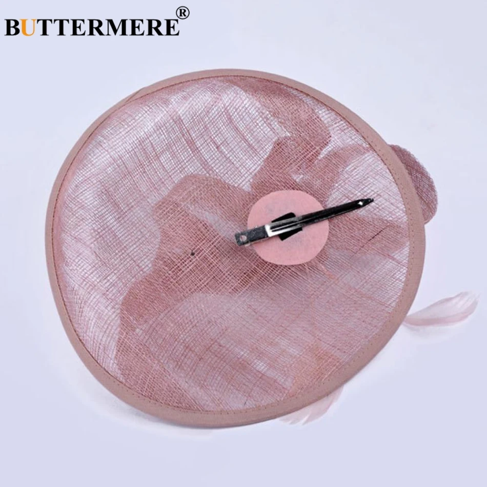 Женская шляпка федора BUTTERMERE розовая свадебная льняная чайная вечерняя с перьями