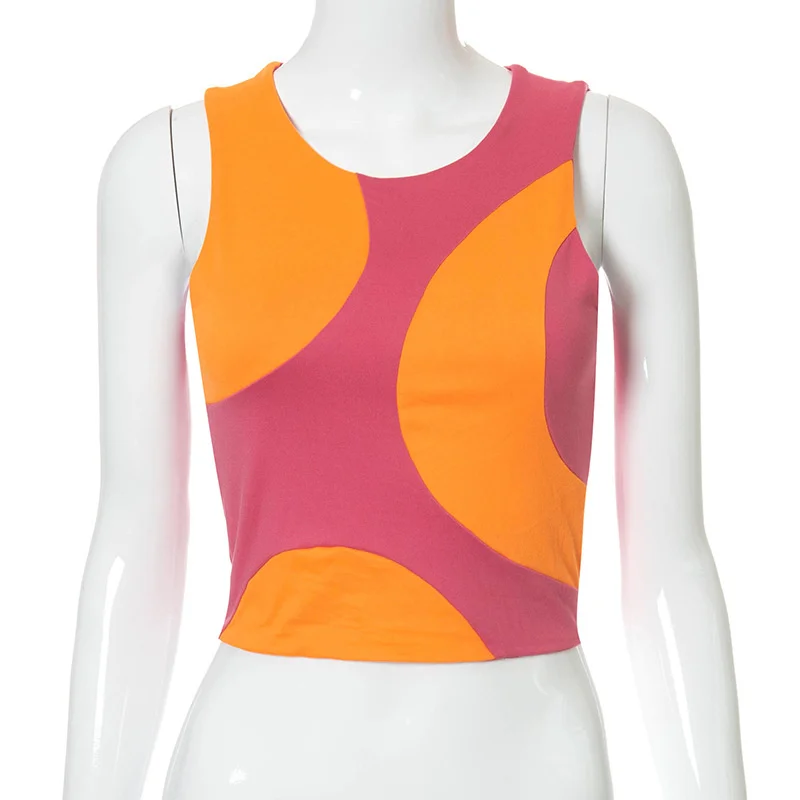 

O-Neck Patchwork Y2K Tank Tops Women Sleeveless Slim Crop Top Femme 2021 Summer Basic Streetwear Vest Tee Shirt 2021
