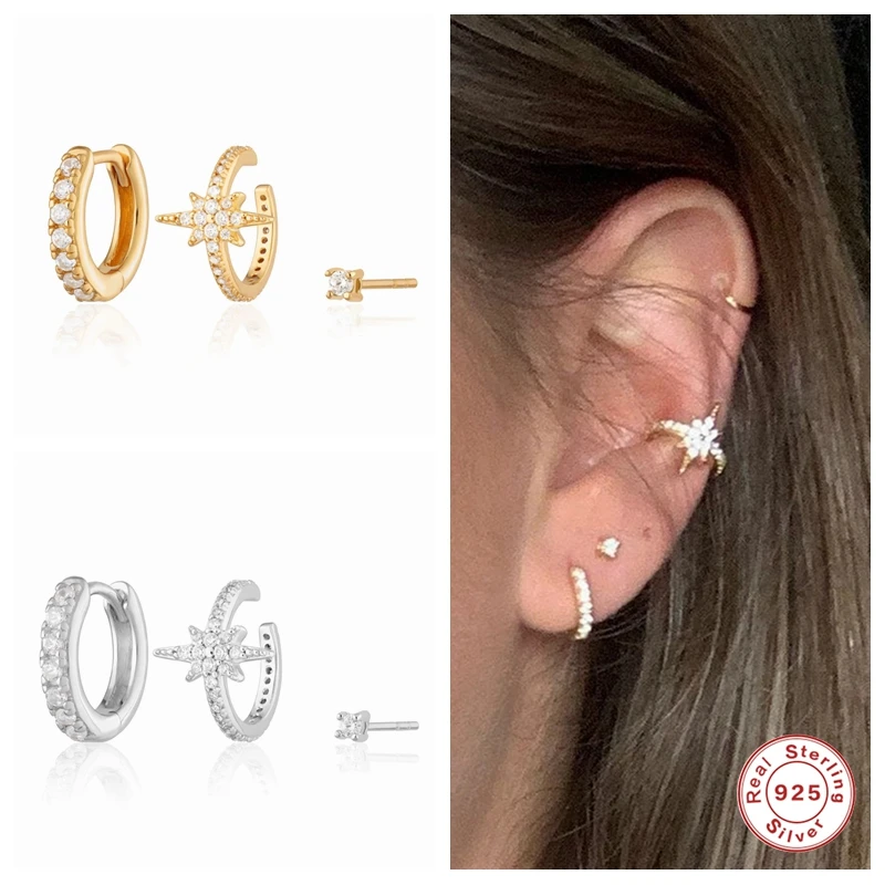 

AIDE S925 Sterling Silver Hoop Earrings For Woman Boho Fashion Jewelry Round Simple Zircon Huggise Turquoise Earrings 3pcs/set