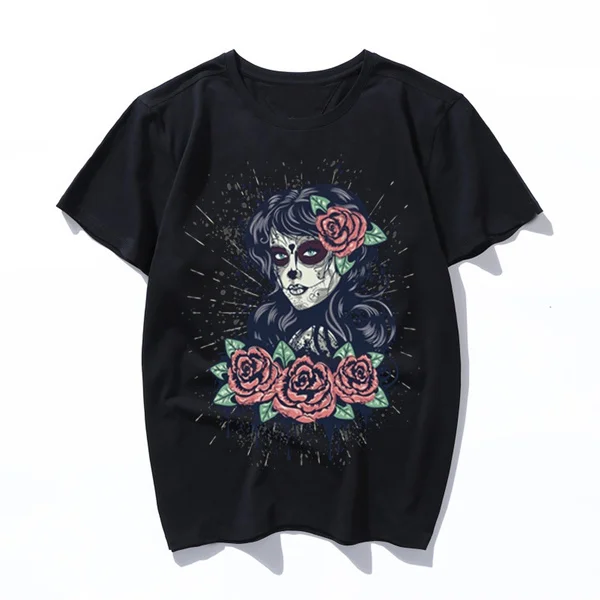 

retro sugar skull girl with red roses T Shirt Men Large Mens T-Shirt Retro Summer Short Sleeve Cotton Tops Casual Shirt