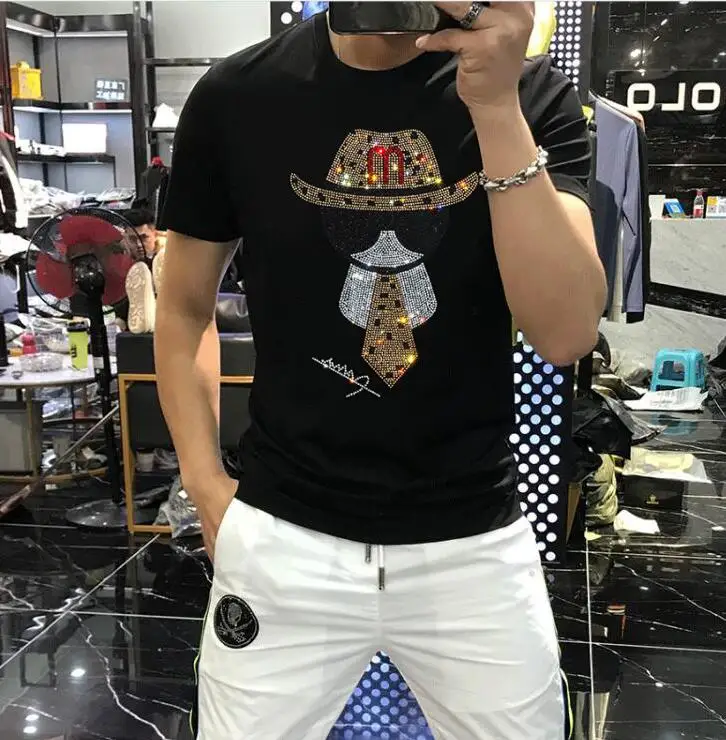 

2021 New Diamond Skull T-shirt Mens Shiny Rhinestone Designer Tshirts 100% Cotton Round Neck Short Sleeve Slim Fit Crystal Tees