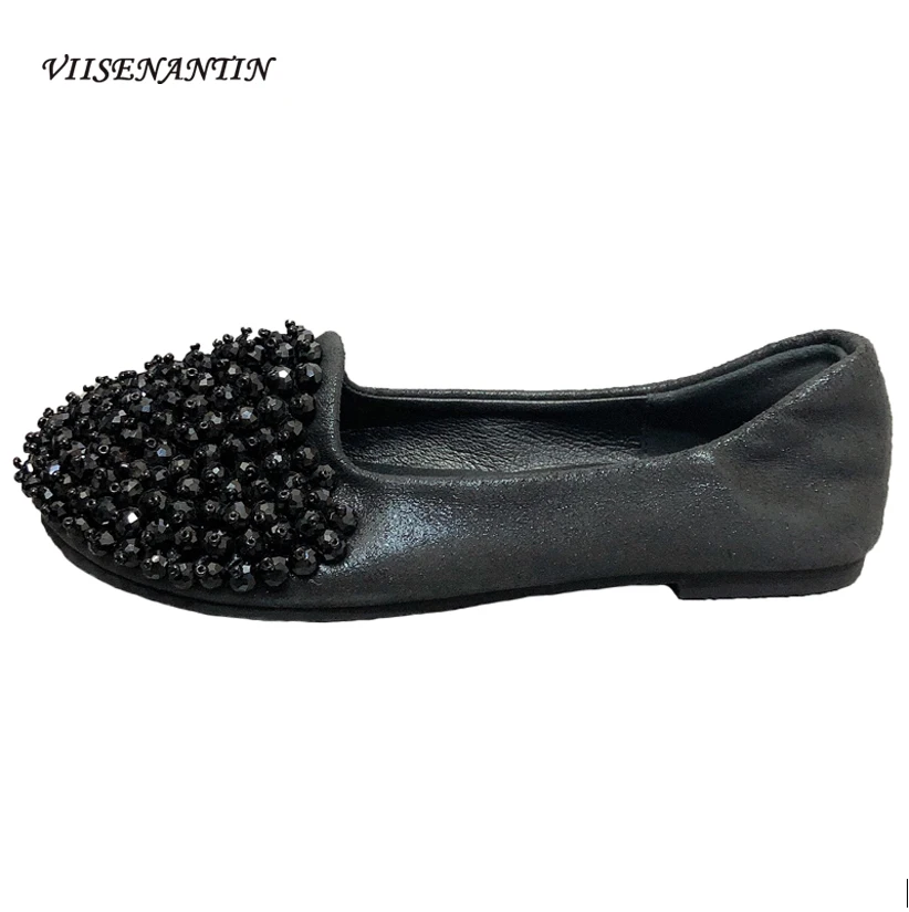 

2021 Spring and Autumn New Comfortable Soft-soled Peas Shoes Flat Spoon Shoes Pure Color Crystal Beaded Round-toe Pumps