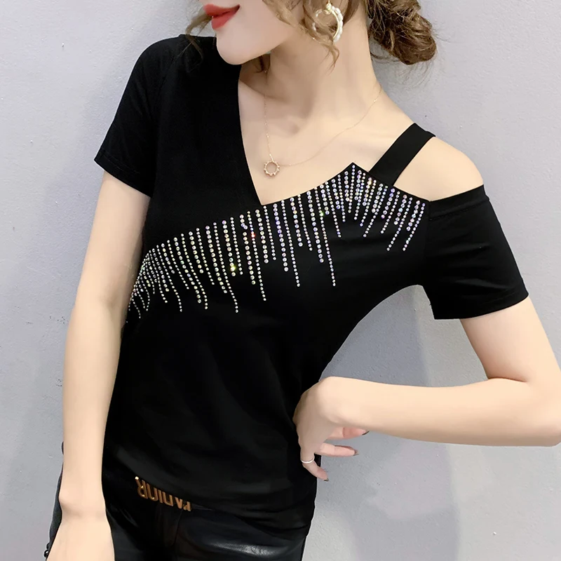 

Make summer new fashion sexy design feeling off-the-shoulder drills very cultivate one's morality han edition T-shirt with short