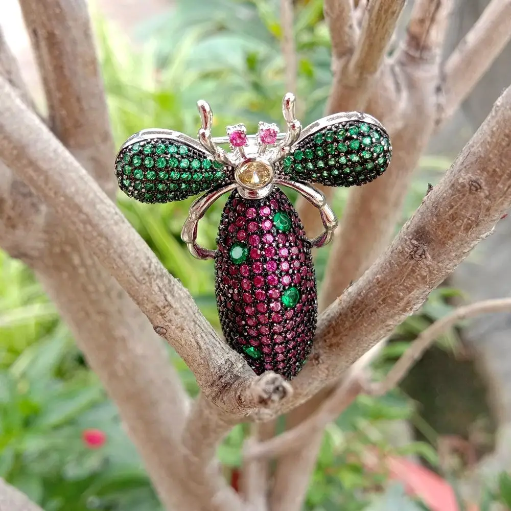 

YYING White Gold Plated Insect Brooch Pin Fuchsia Green Clear Cubic Zirconia Pave