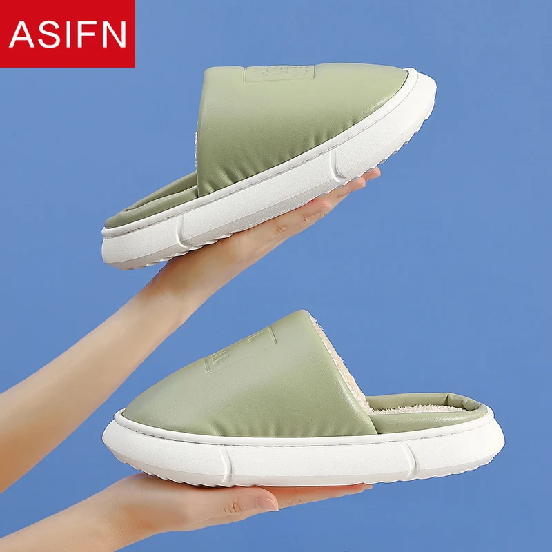 Тапки ASIFN из хлопка и ПУ для женщин водонепроницаемые зимние кожаные домашние